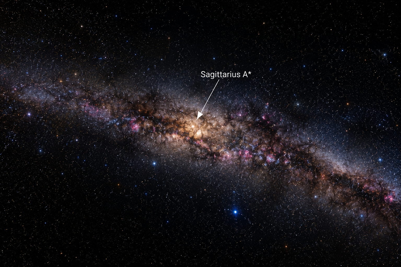 Realistic view of the Milky Way galaxy with its central supermassive black hole, Sagittarius A*, at the galactic center